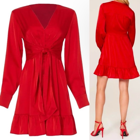 Marissa Webb | Red Satin Long Sleeve | Tie Front Mini Dress | Women’s 10 - Picture 1 of 8
